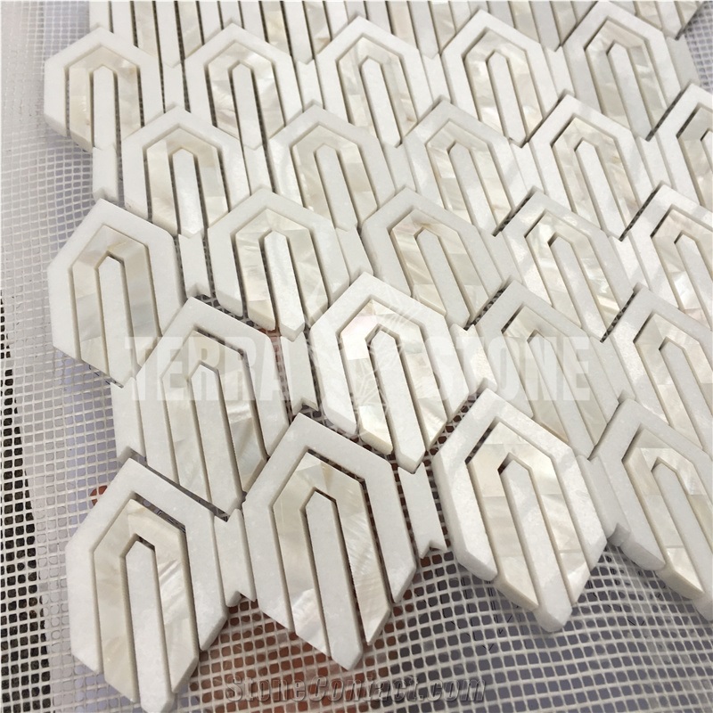 Waterjet Mosaic Tile Thassos White With Mother Of Pearl