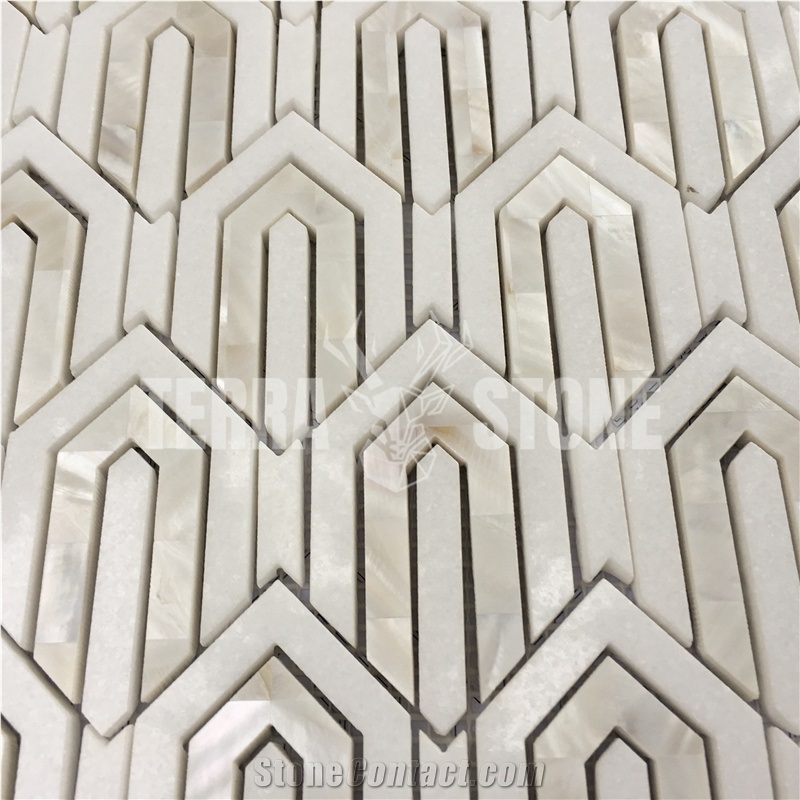 Waterjet Mosaic Tile Thassos White With Mother Of Pearl