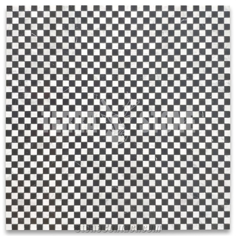 White Black Marble 1X1 Checkerboard Mosaic Tile Polished