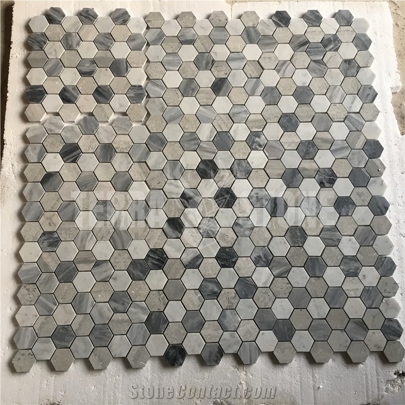 White Grey Marble Mosaic Hexagon Mosaic Bathroom Floor Tile