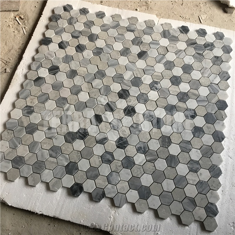 White Grey Marble Mosaic Hexagon Mosaic Bathroom Floor Tile