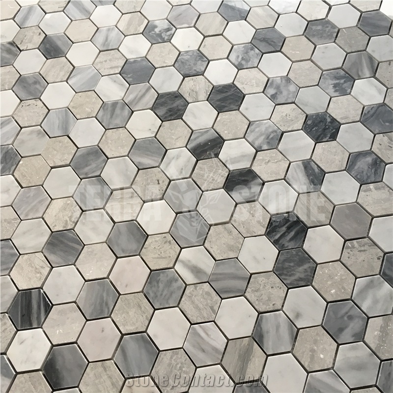 White Grey Marble Mosaic Hexagon Mosaic Bathroom Floor Tile