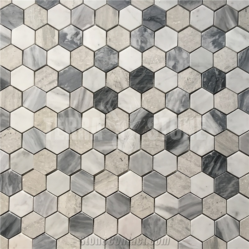White Grey Marble Mosaic Hexagon Mosaic Bathroom Floor Tile