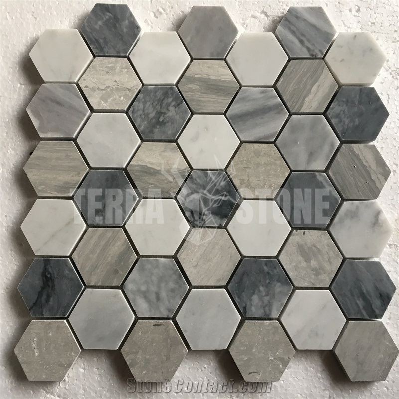 White Grey Marble Mosaic Hexagon Mosaic Bathroom Floor Tile