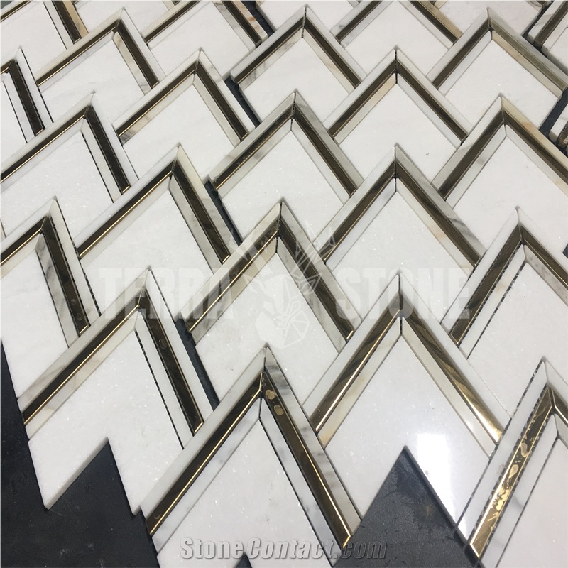 White Marble And Brass Inlay Mosaic Tile Herringbone