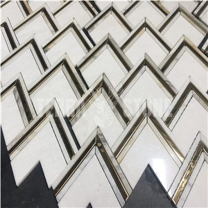 White Marble And Brass Inlay Mosaic Tile Herringbone