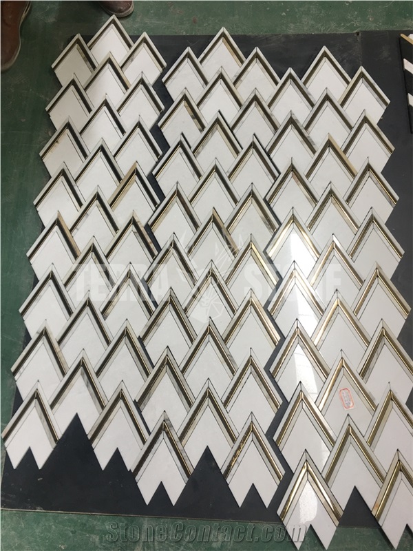 White Marble And Brass Inlay Mosaic Tile Herringbone