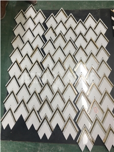 White Marble And Brass Inlay Mosaic Tile Herringbone