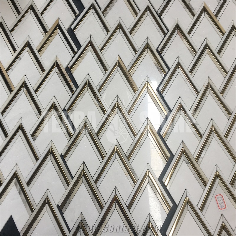 White Marble And Brass Inlay Mosaic Tile Herringbone