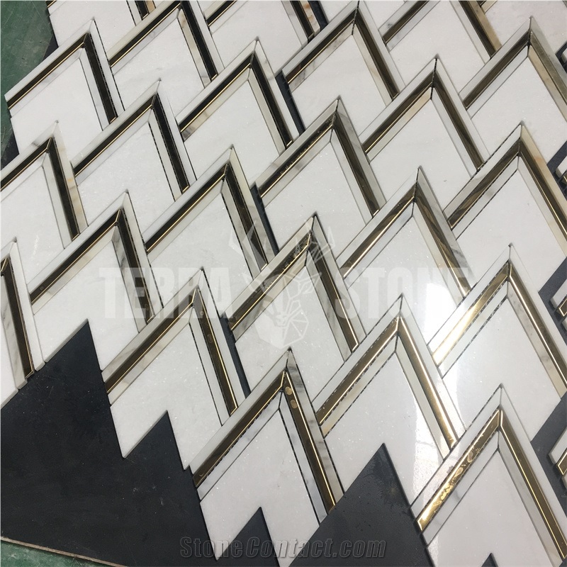 White Marble And Brass Inlay Mosaic Tile Herringbone