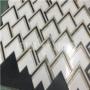 White Marble And Brass Inlay Mosaic Tile Herringbone