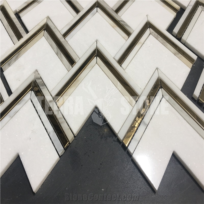 White Marble And Brass Inlay Mosaic Tile Herringbone