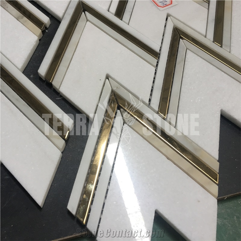 White Marble And Brass Inlay Mosaic Tile Herringbone