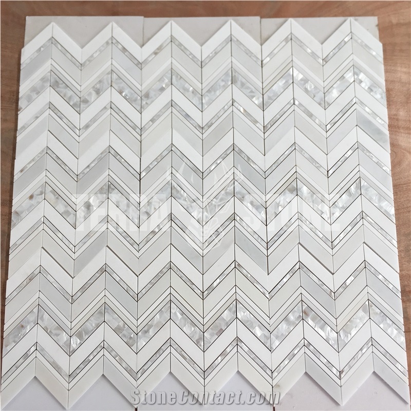 White Marble And Mother Of Pearl Shell Chevron Mosaic