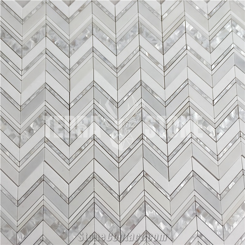White Marble And Mother Of Pearl Shell Chevron Mosaic