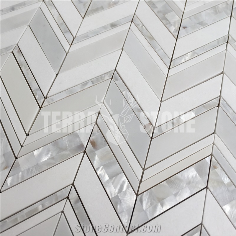 White Marble And Mother Of Pearl Shell Chevron Mosaic
