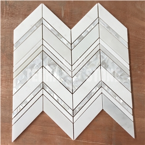 White Marble And Mother Of Pearl Shell Chevron Mosaic