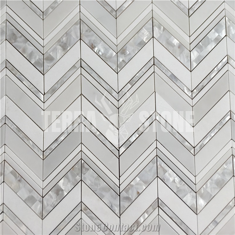 White Marble And Mother Of Pearl Shell Chevron Mosaic