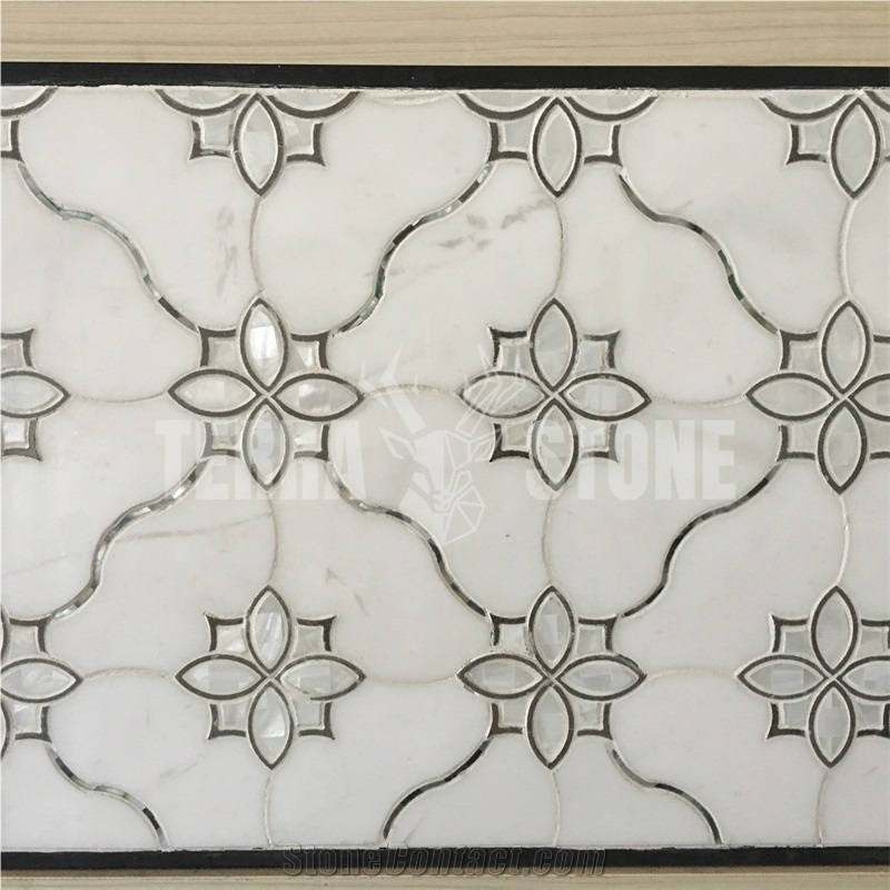 White Marble Mother Pearl Of Shell Inlay Waterjet Mosaic