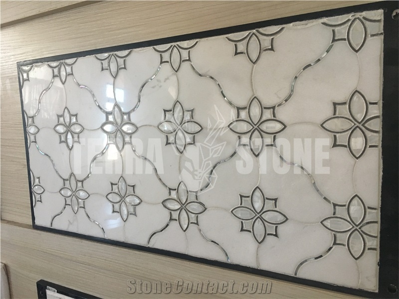 White Marble Mother Pearl Of Shell Inlay Waterjet Mosaic