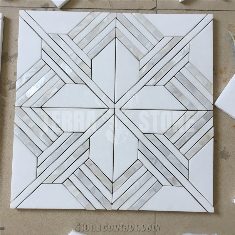 White Marble Mother Pearl Shell Waterjet Round Mosaic Tile