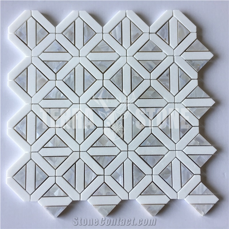 White Stone Tile Waterjet Marble Mosaic With Pearl Shell