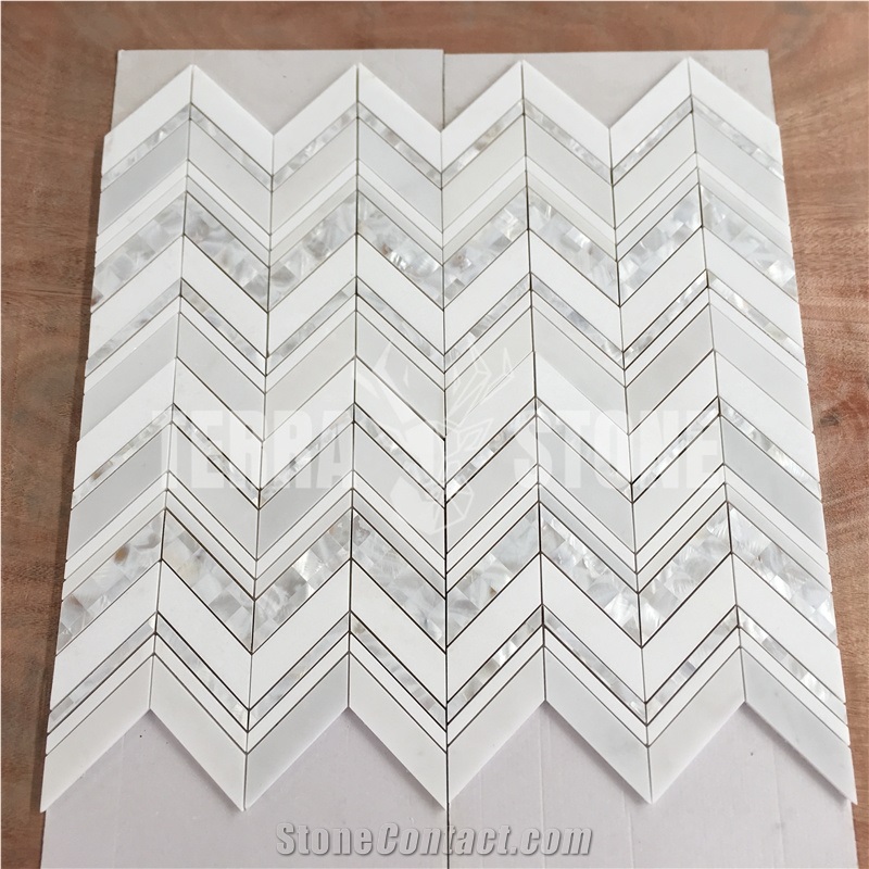 White Thassos Marble Pearl Shell Chevron Tile Mosaic