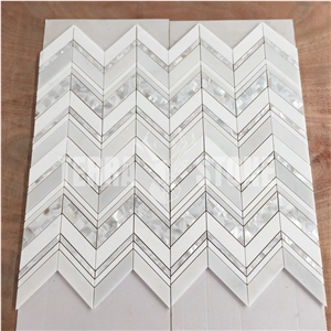 White Thassos Marble Pearl Shell Chevron Tile Mosaic