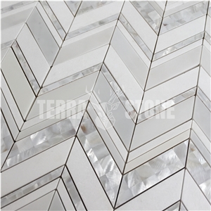 White Thassos Marble Pearl Shell Chevron Tile Mosaic