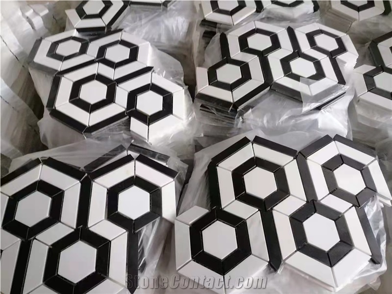 Italy Carrara Hexagon Mosaic Black  White Big Hexagon Mosaic