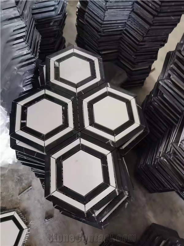 Italy Carrara Hexagon Mosaic Black  White Big Hexagon Mosaic