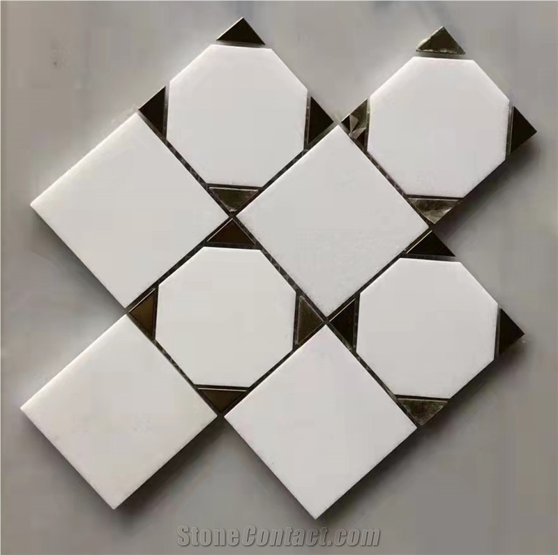 Pure White Square Mosaic With Brass Dot Waterjet New Mosaic