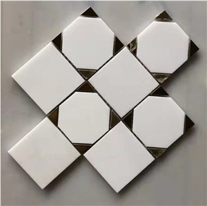 Pure White Square Mosaic With Brass Dot Waterjet New Mosaic