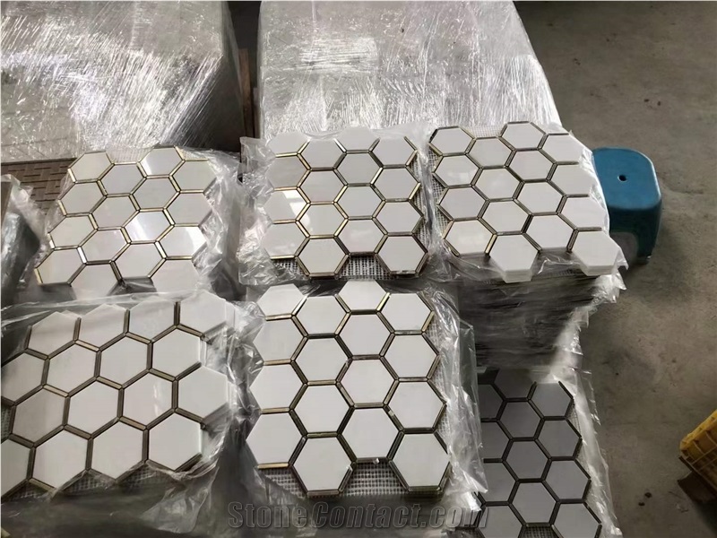 Pure White Square Mosaic With Brass Dot Waterjet New Mosaic