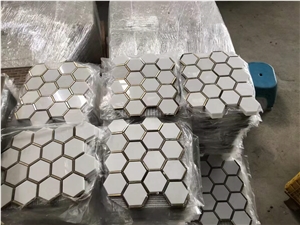 Pure White Square Mosaic With Brass Dot Waterjet New Mosaic