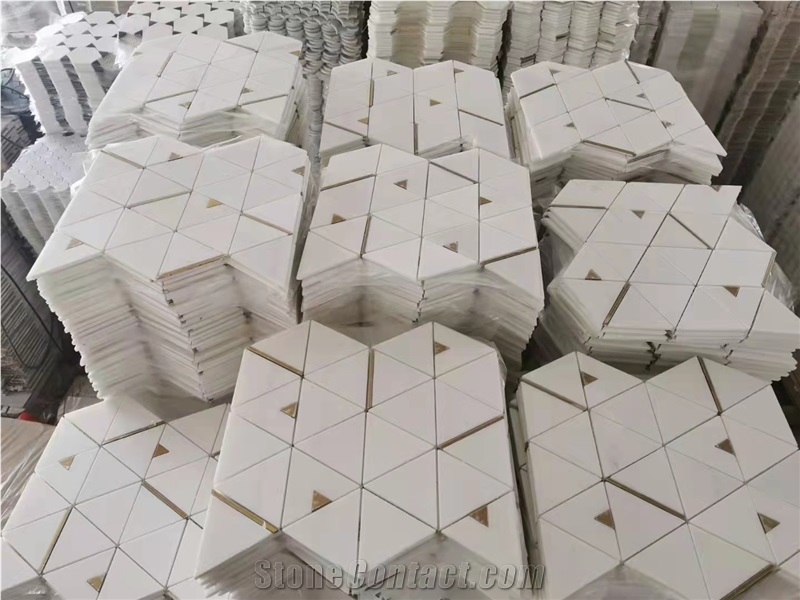 Pure White Square Mosaic With Brass Dot Waterjet New Mosaic