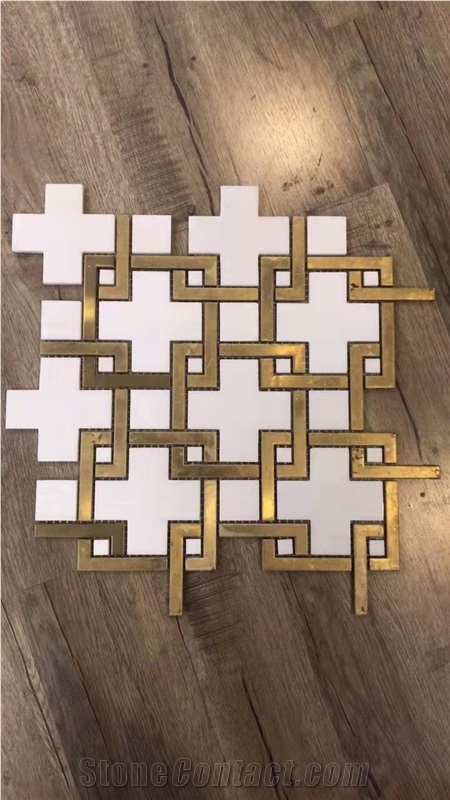 Pure White Square Mosaic With Brass Dot Waterjet New Mosaic
