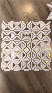 Pure White Square Mosaic With Brass Dot Waterjet New Mosaic