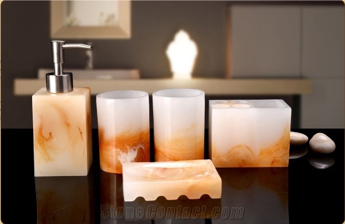 White With Orange Artificial Onyx Bathroom Accessories