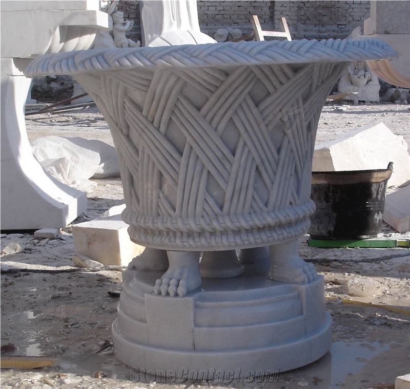 Large Size White Marble Marble Planter Pot With Sculpture