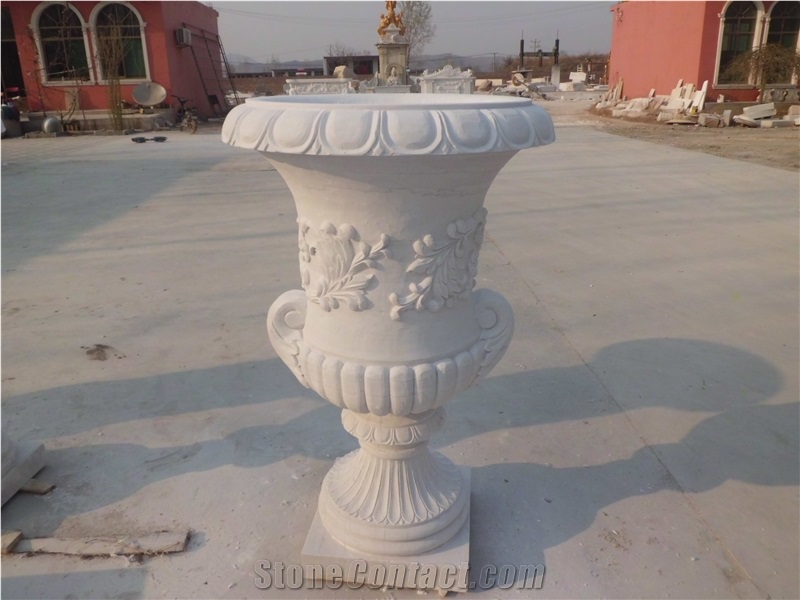 Large Size White Marble Marble Planter Pot With Sculpture