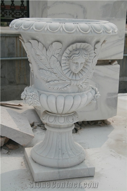 Large Size White Marble Marble Planter Pot With Sculpture