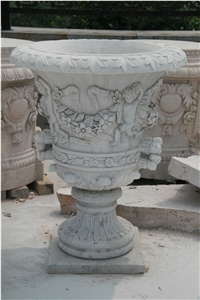 Large Size White Marble Marble Planter Pot With Sculpture