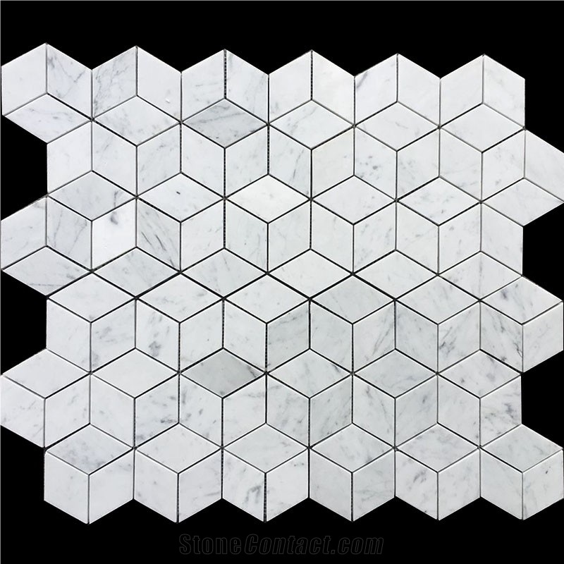White Carrara Diamond Cube Honed Marble Mosaic