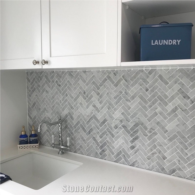White Carrara Diamond Cube Honed Marble Mosaic