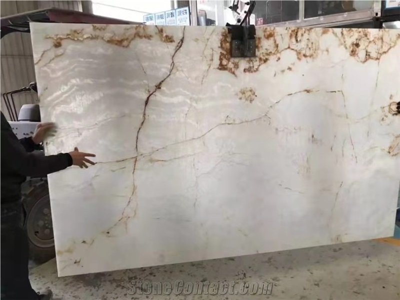 White Onyx With Yellow Veins Translucent Slabs