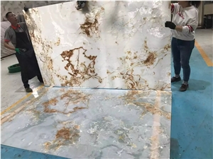 White Onyx With Yellow Veins Translucent Slabs