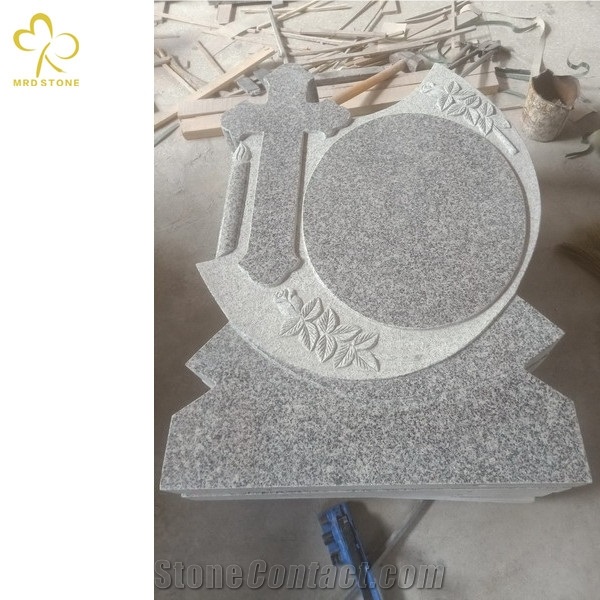 Light Grey Granite Flower Carving Cross Monument Headstones