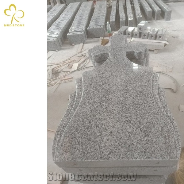 Light Grey Granite Flower Carving Cross Monument Headstones