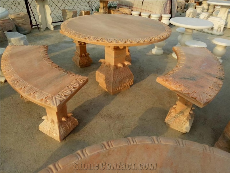 Garden Stone Furniture Round Table With 4 People Seats Engraving Bench Customized